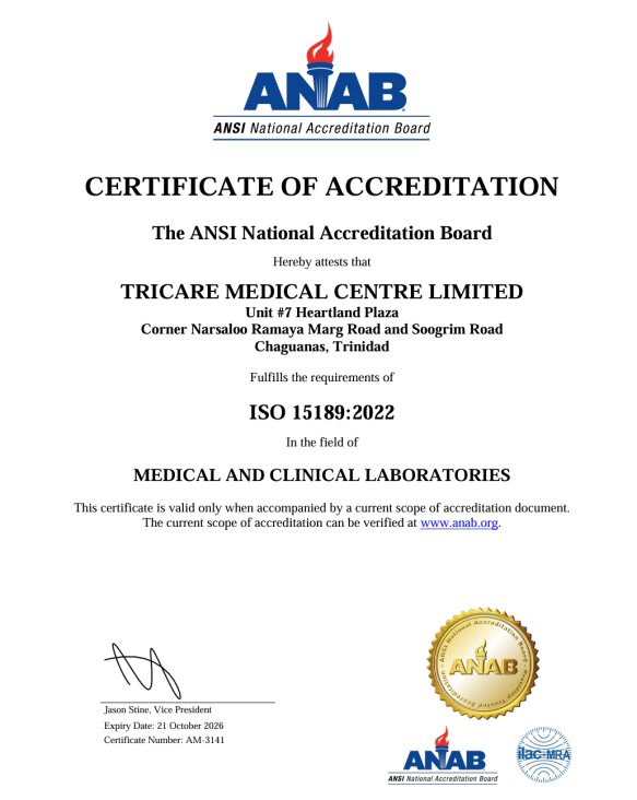 ANAB Certificate of Accreditation for Tricare Medical Centre Limited, ISO 15189:2022, Medical and Clinical Laboratories