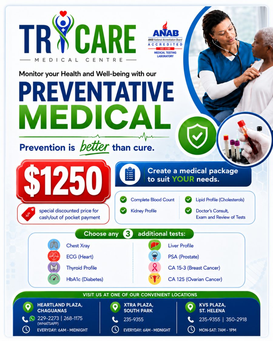 Tricare Preventative Medical package — $1250 TTD, build your own package with CBC, kidney and lipid profile, doctor's consult, plus 3 additional tests of your choice